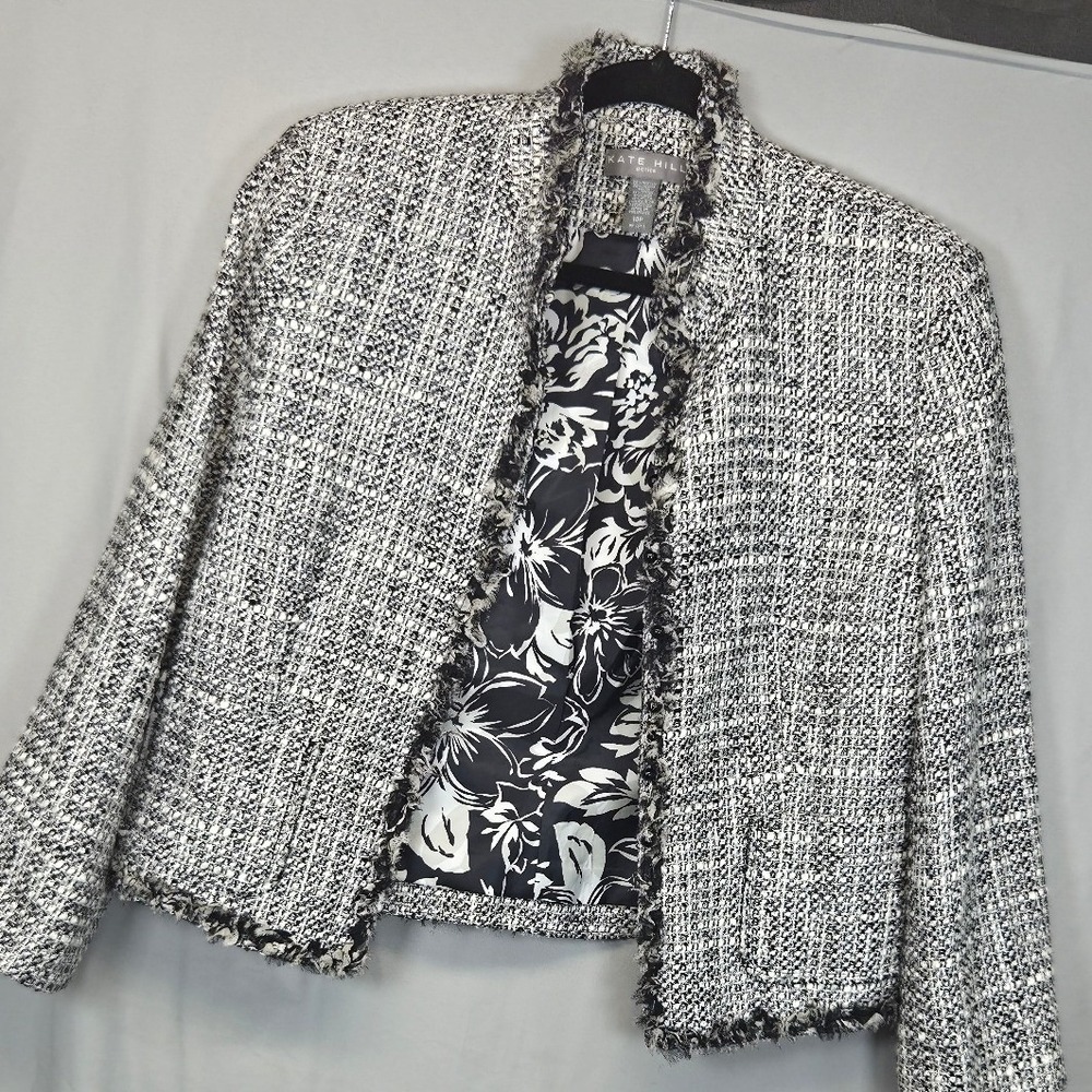 Kate Hill Tweed Blazer Womens 14P Black White Excellent Fringe Open Front Y2K